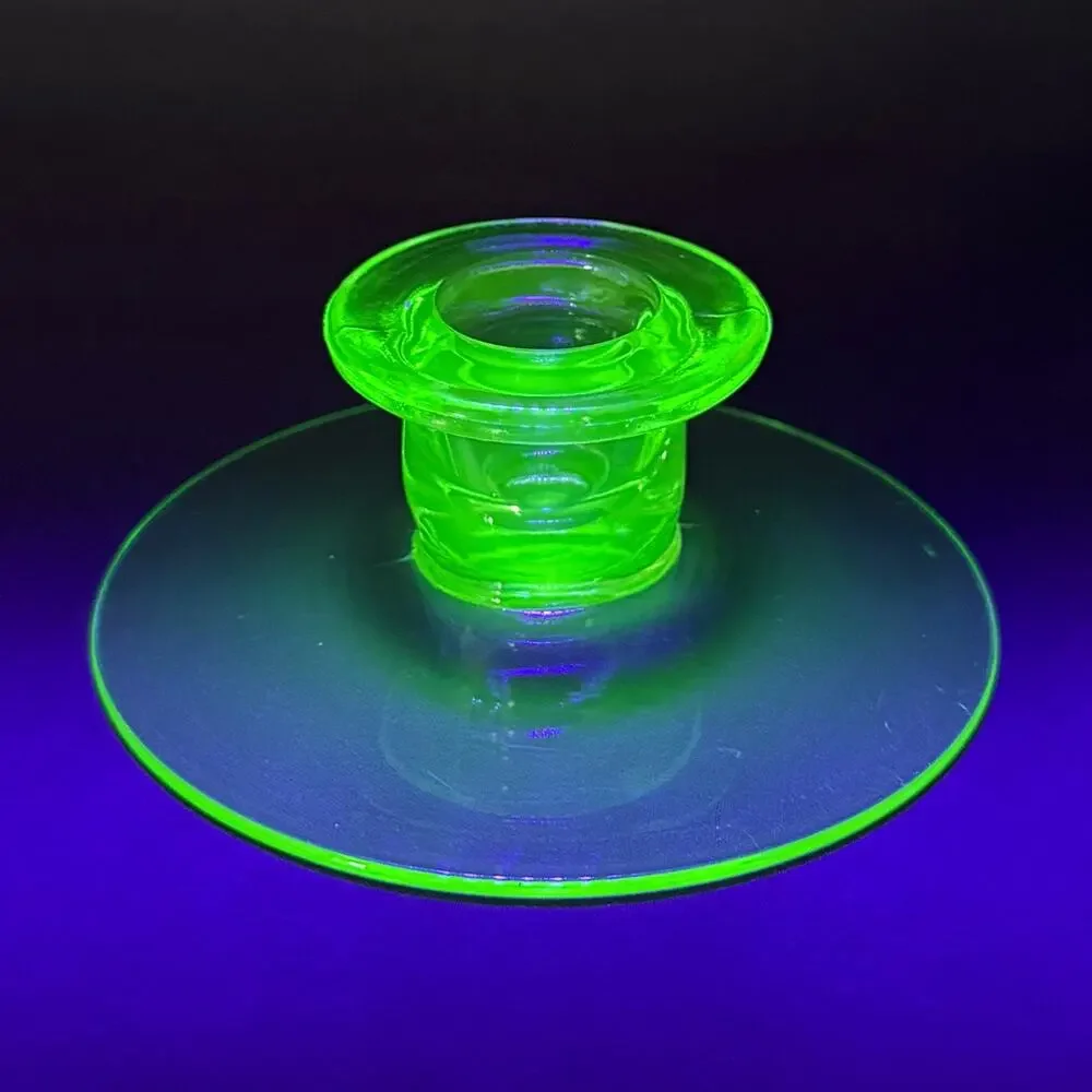 Vintage Green Depression Vaseline Uranium Glass Candle Holder 2